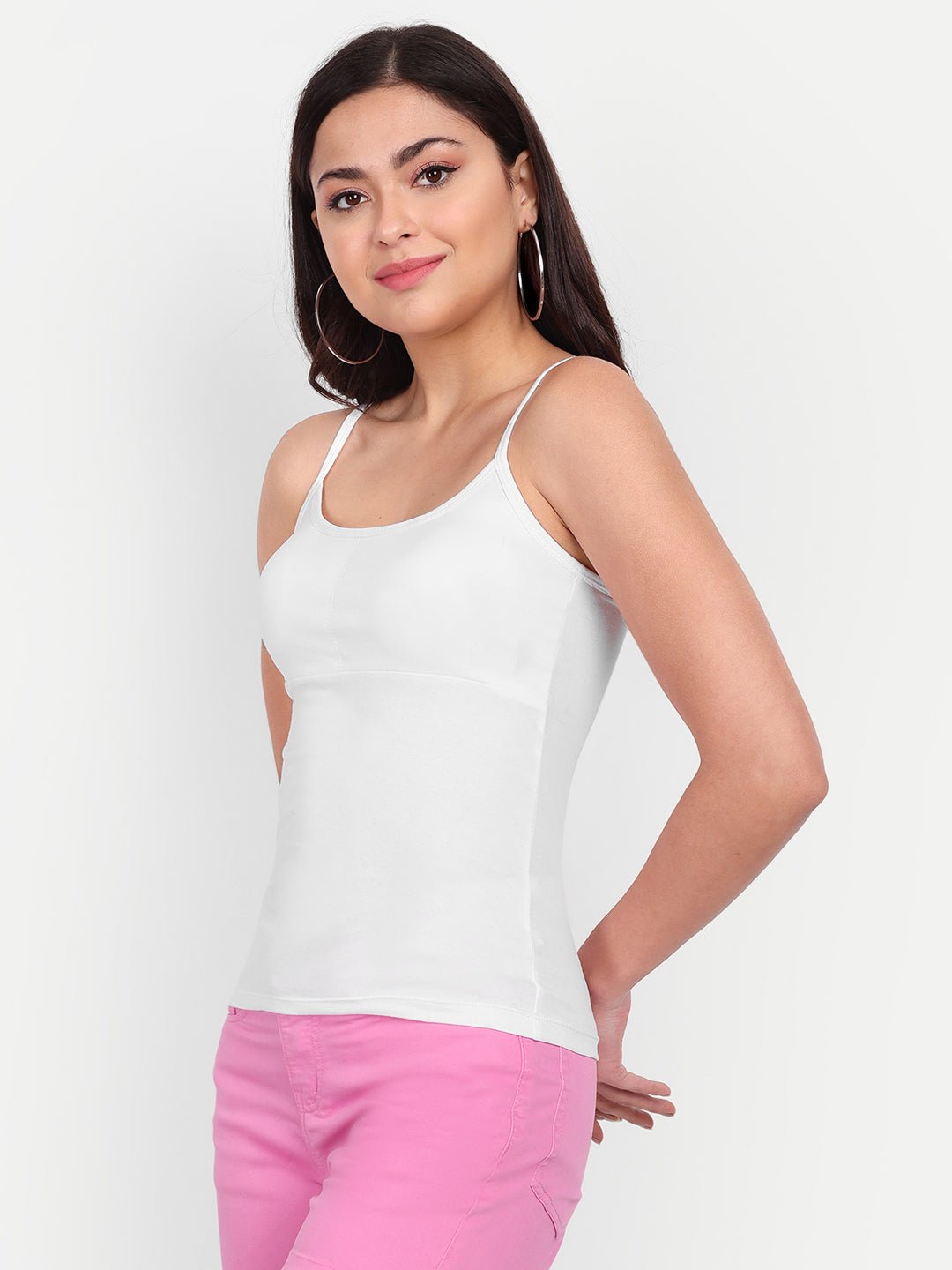 Padded Camisole Cotton Lycra Slip Spaghetti Tank Top Removable Washable Pads - Indiankala4u