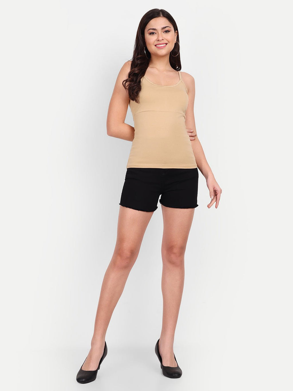 Padded Camisole Cotton Lycra Slip Spaghetti Tank Top Removable Washable Pads - Indiankala4u