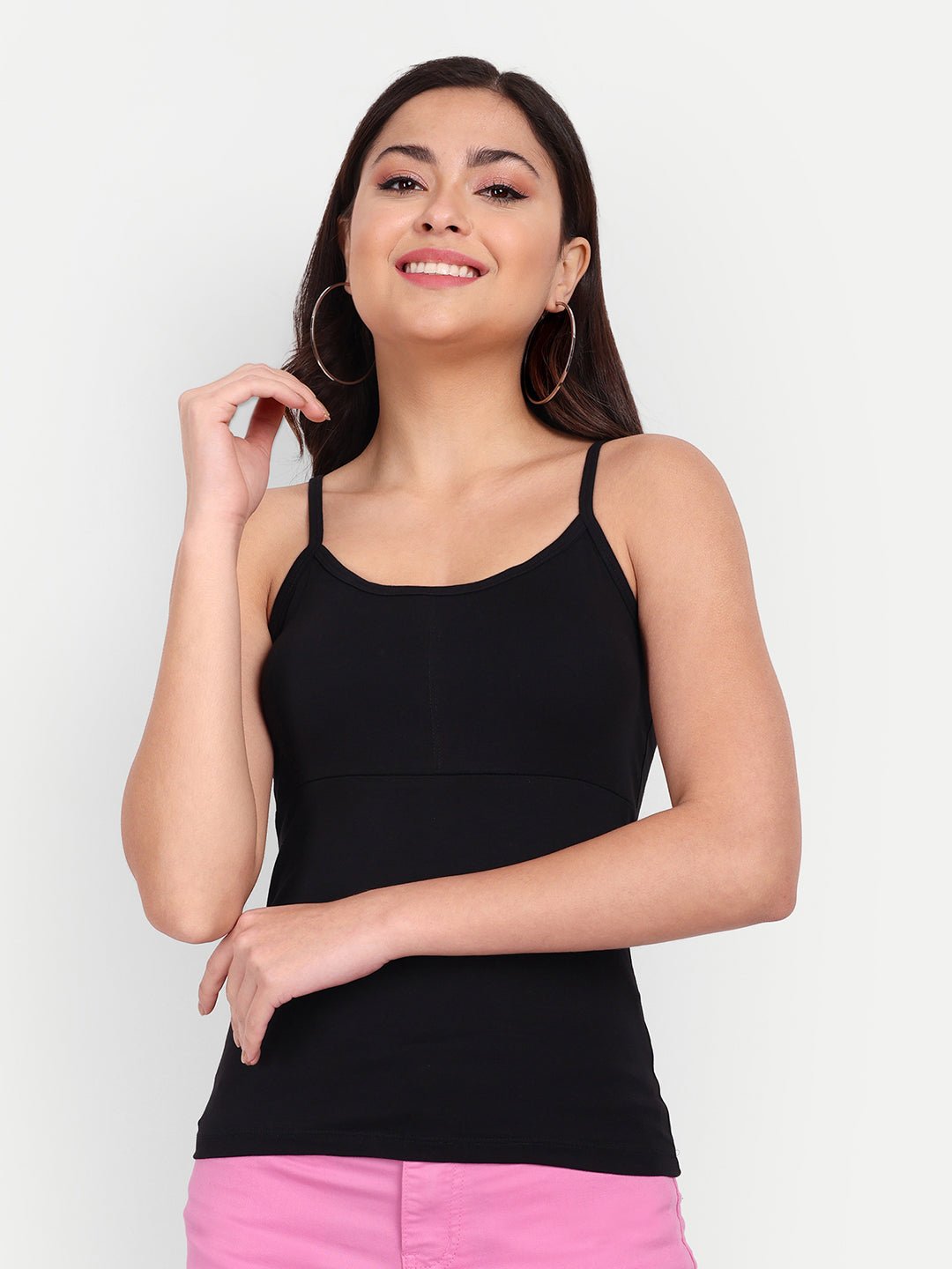Padded Seamless Cotton Rich Soft Camisole Spaghetti Tank Slip, Removable Washable Pads - Indiankala4u