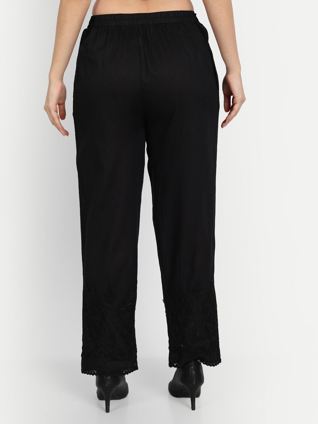 Women Chikankari Hand Embroidered Palazzo Cotton Black - Indiankala4u