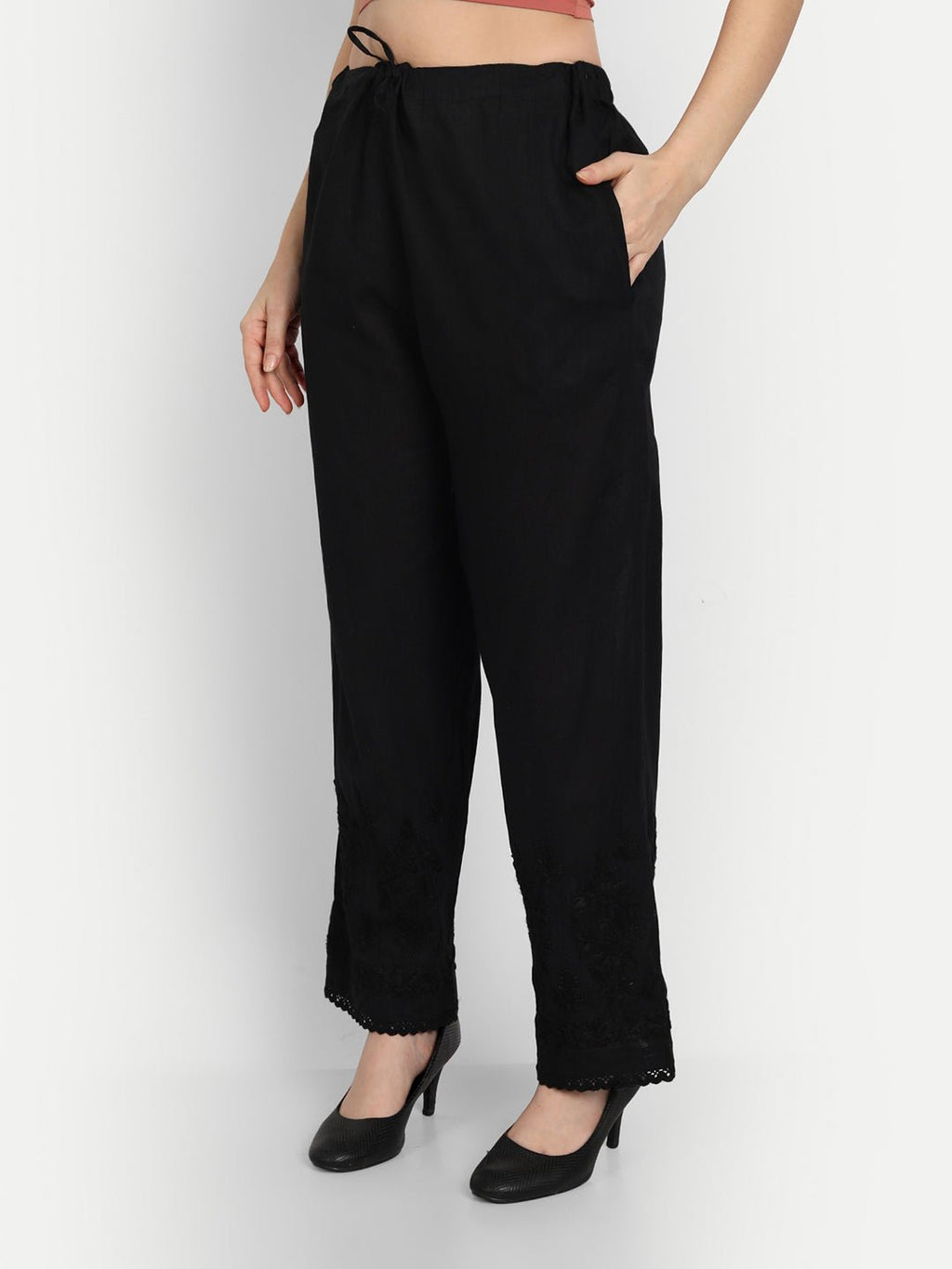 Women Chikankari Hand Embroidered Palazzo Cotton Black - Indiankala4u