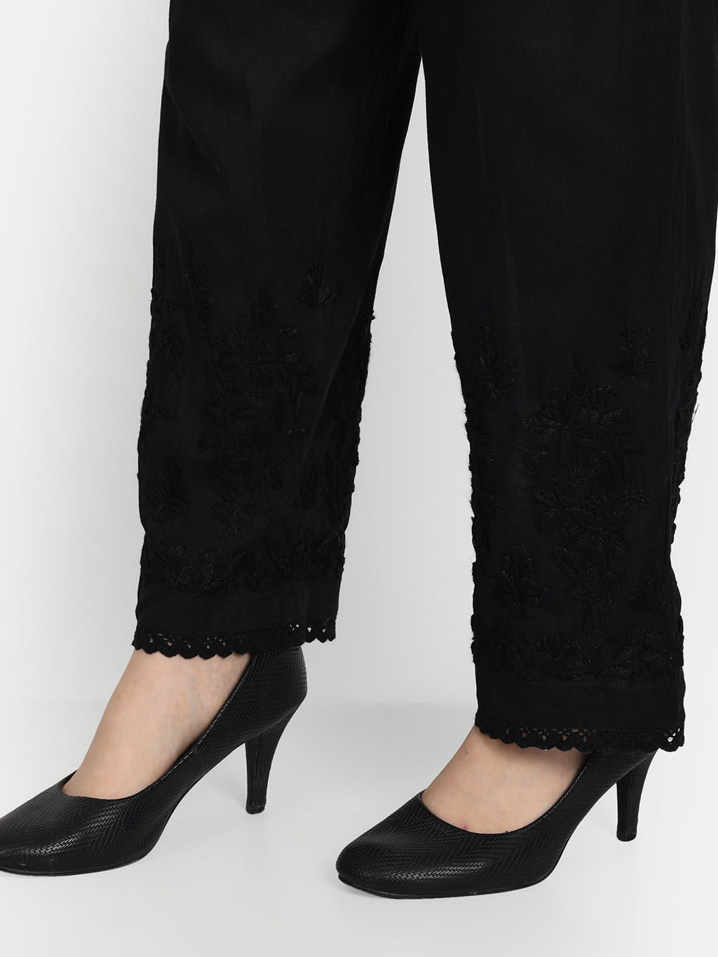 Women Chikankari Hand Embroidered Palazzo Cotton Black - Indiankala4u