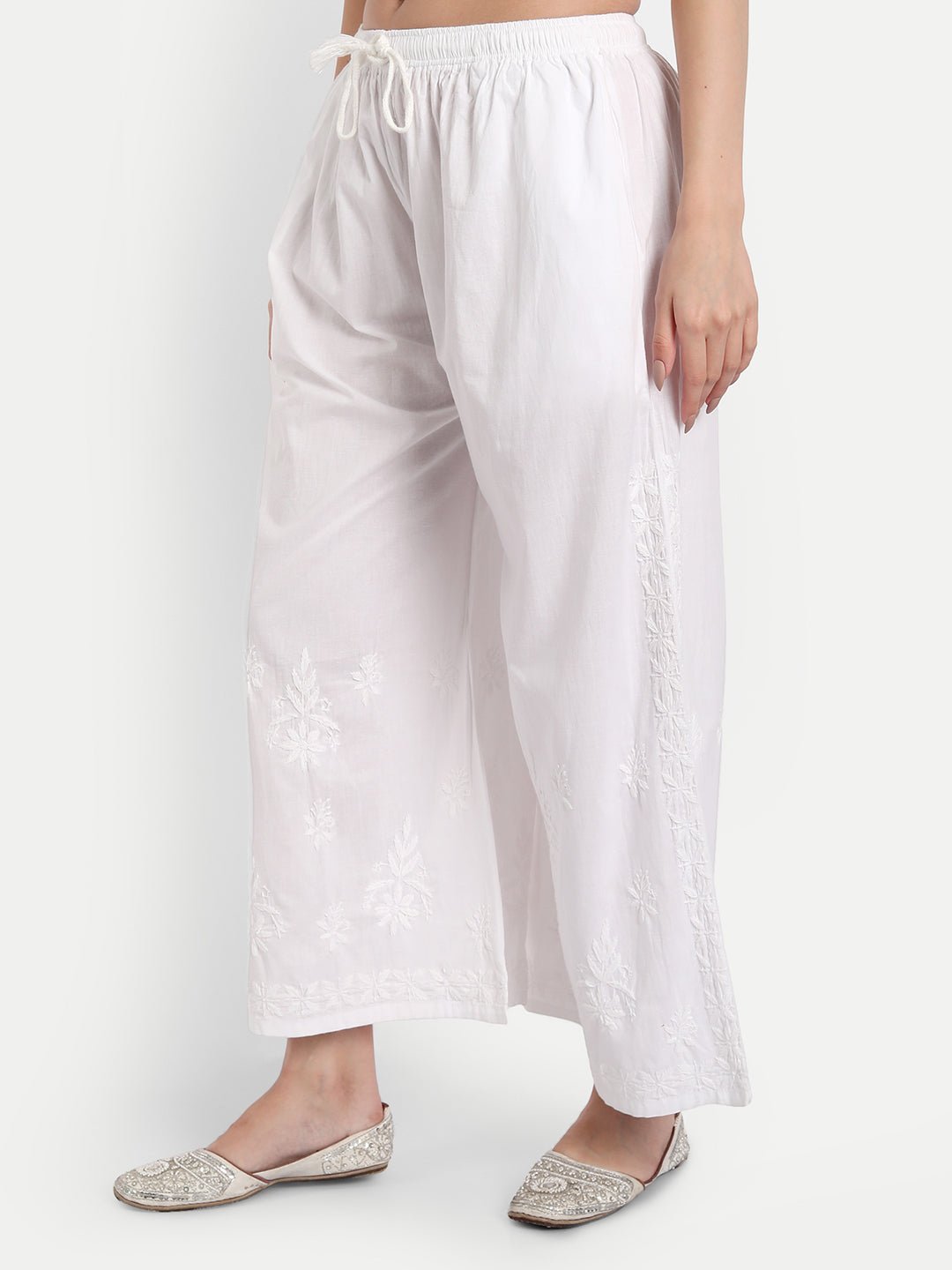 Women Chikankari Hand Embroidered Palazzo Cotton White - Indiankala4u