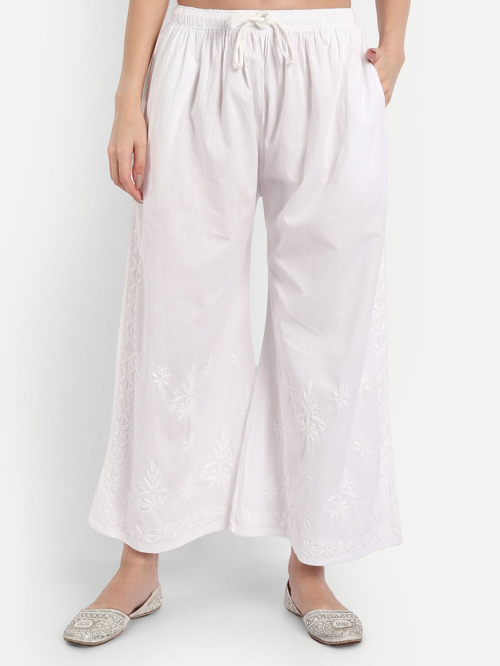 Women Chikankari Hand Embroidered Palazzo Cotton White - Indiankala4u