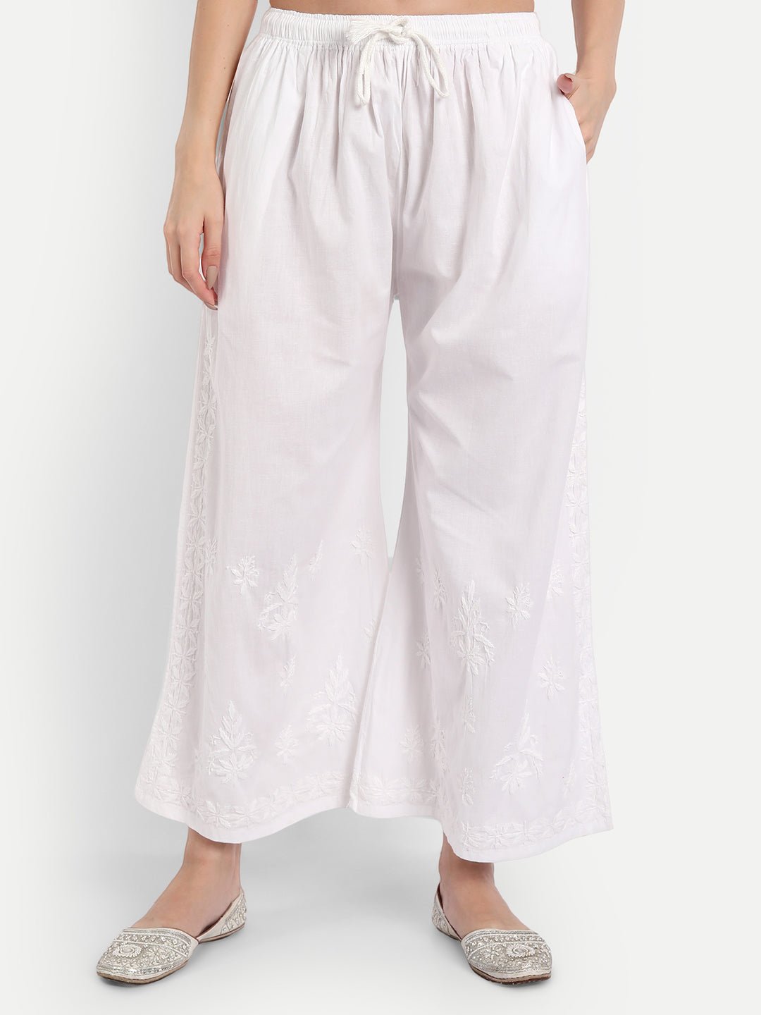 Women Chikankari Hand Embroidered Palazzo Cotton White - Indiankala4u