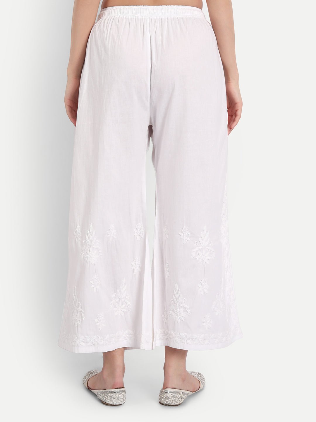 Women Chikankari Hand Embroidered Palazzo Cotton White - Indiankala4u