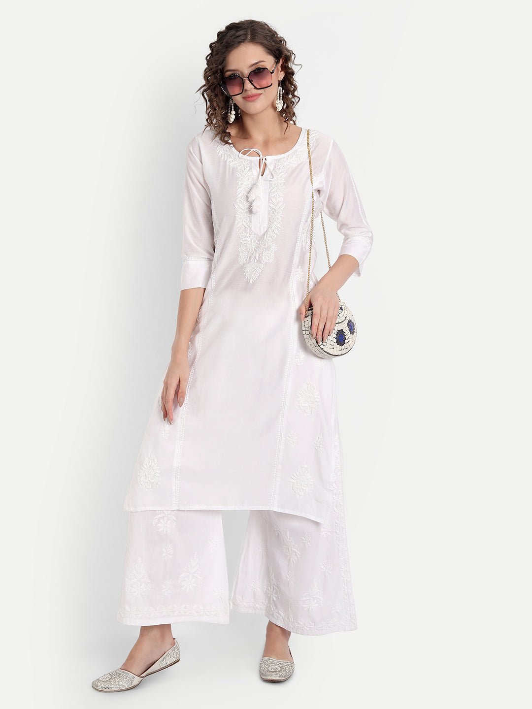 Women Chikankari Hand Embroidered Palazzo Cotton White - Indiankala4u