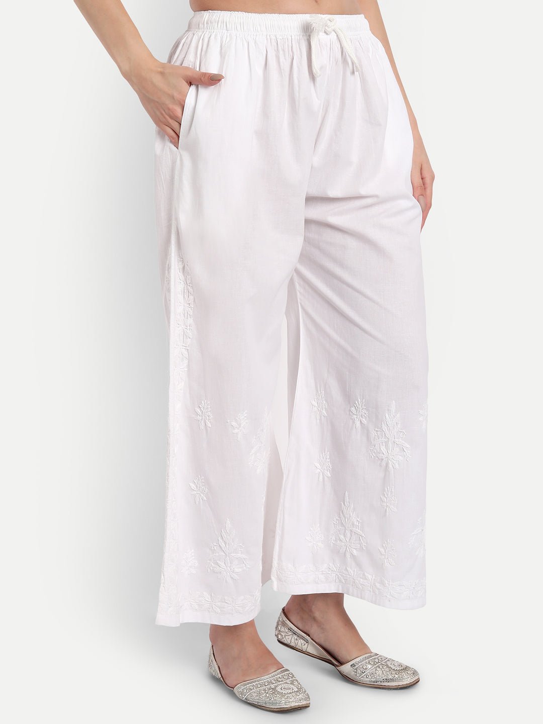 Women Chikankari Hand Embroidered Palazzo Cotton White - Indiankala4u