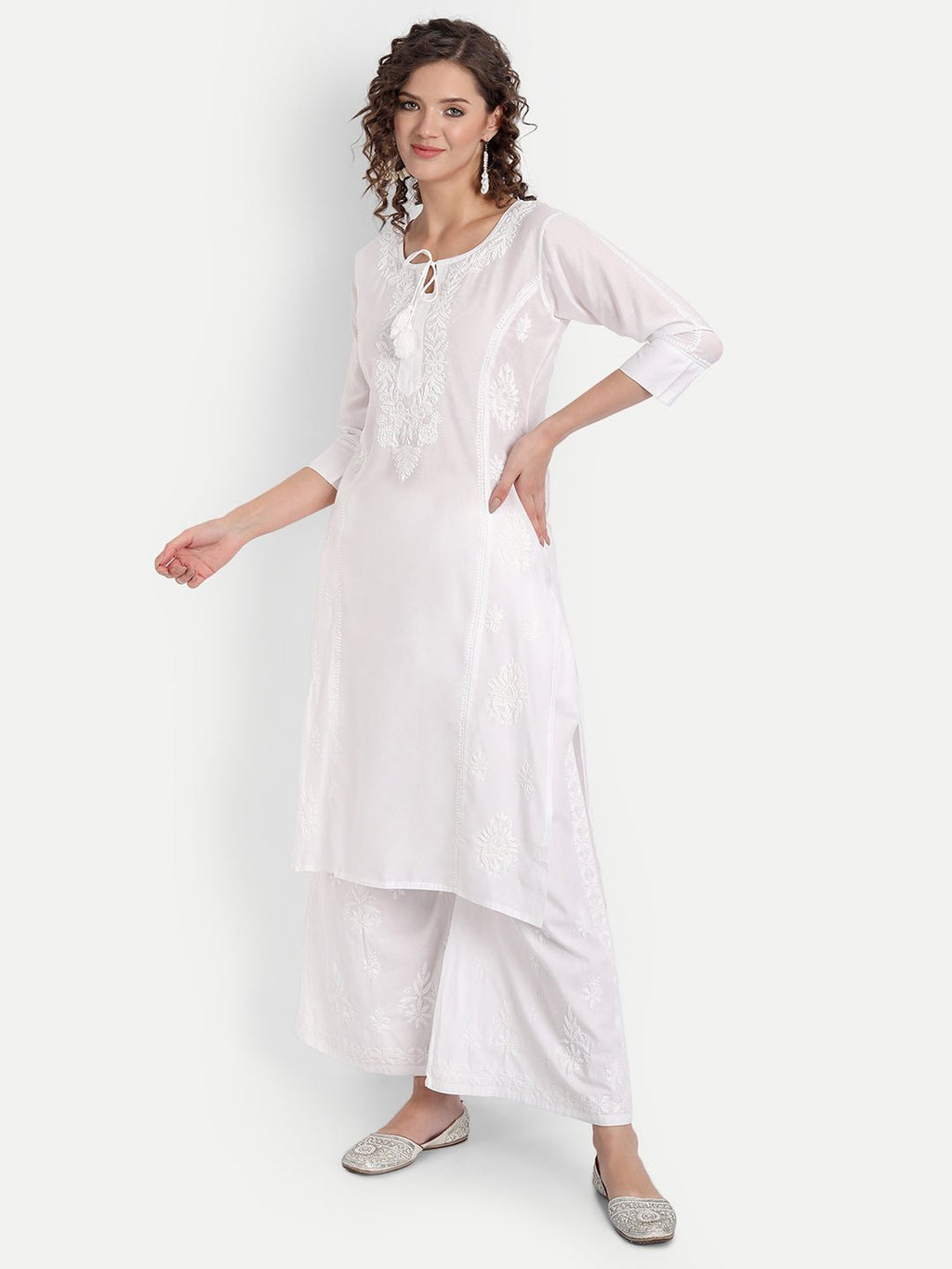 Women Chikankari Hand Embroidered Palazzo Cotton White - Indiankala4u